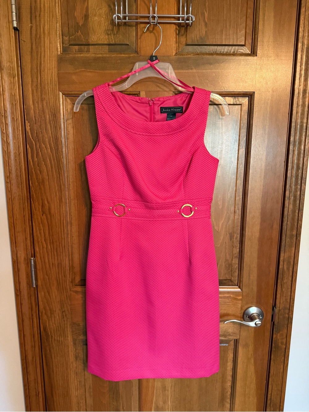 Jessica Howard Hot Pink Sleeveless Sheath Dress with Gold Ring Detail